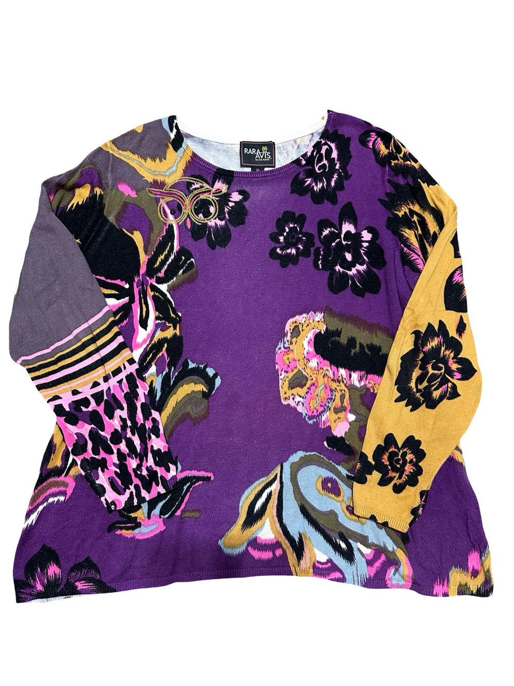 Rara Avis Women’s Size 2X Purple Floral Contrast Sleeve Crewneck Sweater